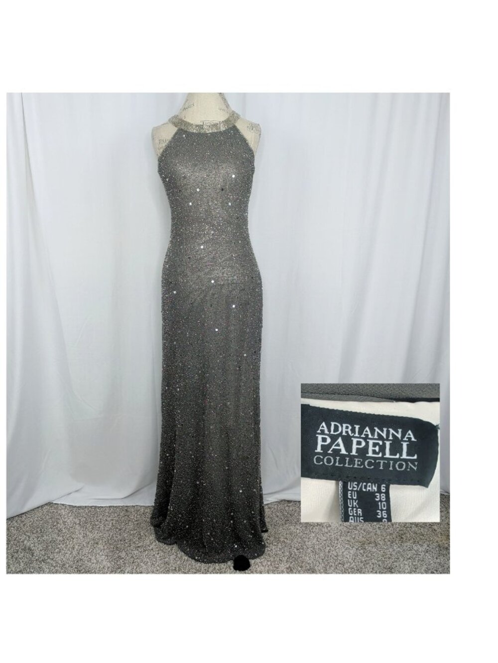 Adrianna Papell Beaded Silver Dress 6 Small Formal Gown